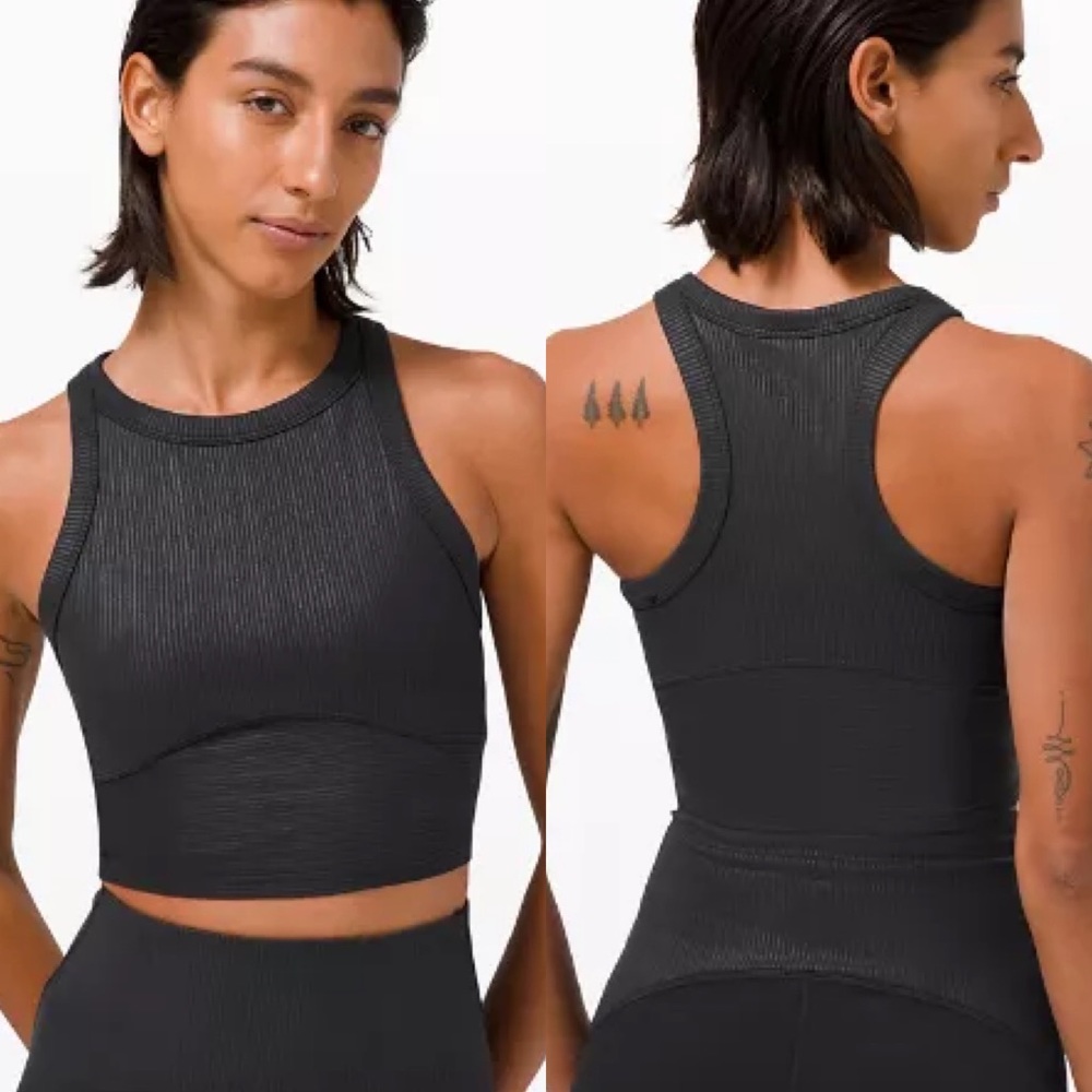 Lululemon blissful bend tank top black crop top sports bra high neck longline 8